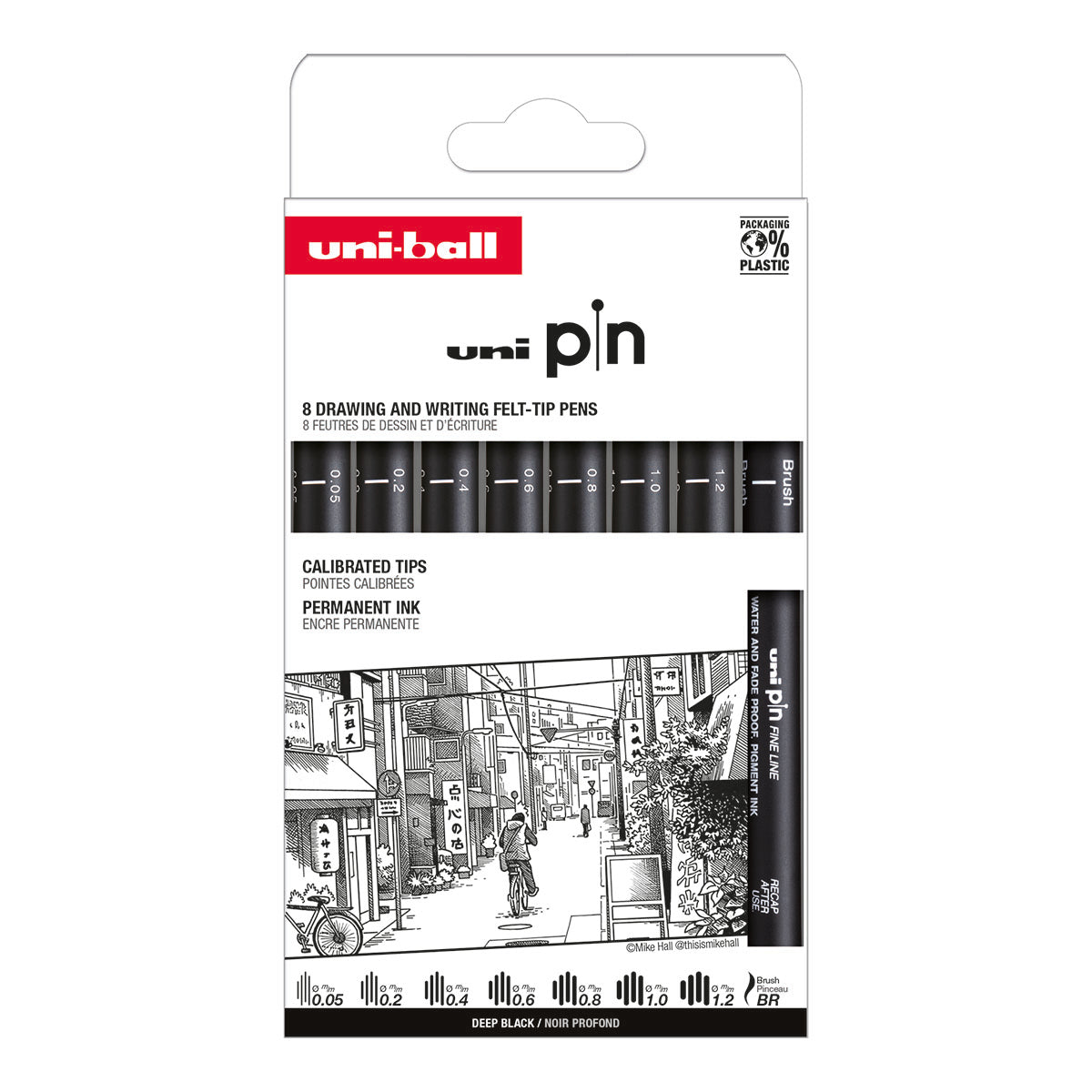 Uni Pin Fine Line Pens Classic-2 8 Set, Black